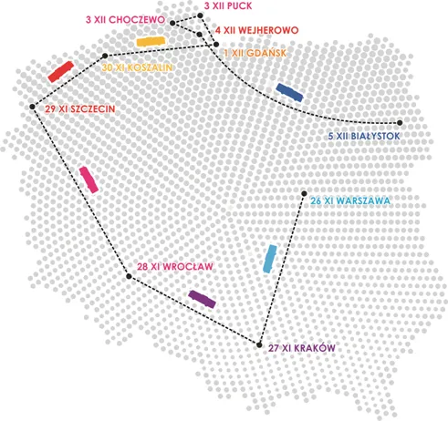 Mapa Polski z trasą Atomowego Autobusu w 2012 roku: od Warszawy 26 listopada przez Kraków, Wrocław, Szczecin, Koszalin, Gdańsk, Choczewo, Puck i Wejherowo do Białegostoku 5 grudnia