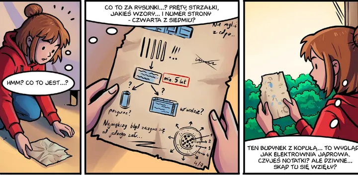 Kadr ze strony 5: Julia podnosi z podłogi kartkę pokrytą rysunkami, strzałkami i notatkami