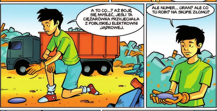Kadr ze strony 3: Szymon znajduje na skupie złomu metalowy krążek i zastanawia się, czy to uran