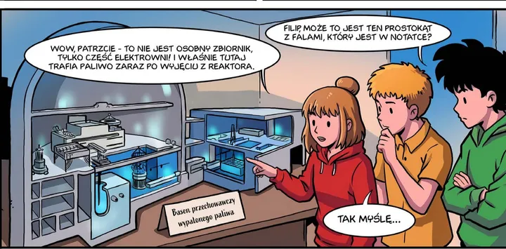 Kadr ze strony 12: Julia, Filip i Szymon na wystawie w Centrum Informacyjnym oglądają model basenu przechowawczego wypalonego paliwa