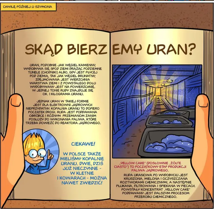 Kadr ze strony 10: książka otwarta na rozdziale „Skąd bierzemy uran?” ze zdjęciem kopalni
