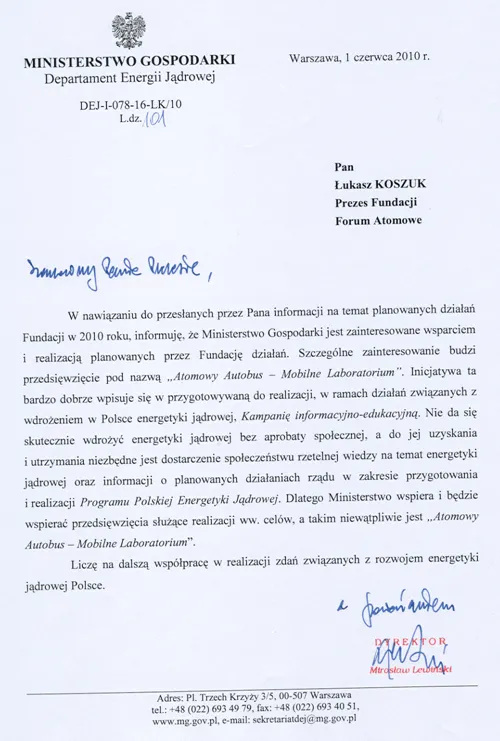 Skan pisma Ministerstwa Gospodarki z 1 czerwca 2010 r. do Prezesa Fundacji – pełna treść pod skanem