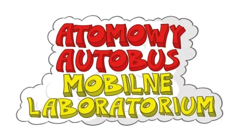 Komiksowy napis „Atomowy Autobus – Mobilne Laboratorium” w czerwieni i żółci