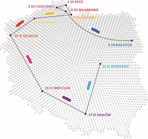 Mapa Polski z trasą 2012 roku: od Warszawy 26 listopada przez Kraków, Wrocław, Szczecin, Koszalin, Gdańsk, Puck, Choczewo i Wejherowo do Białegostoku 5 grudnia