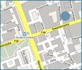 Fragment planu centrum Warszawy z zaznaczoną siedzibą Fundacji przy ul. Mazowieckiej, w pobliżu ul. Świętokrzyskiej
