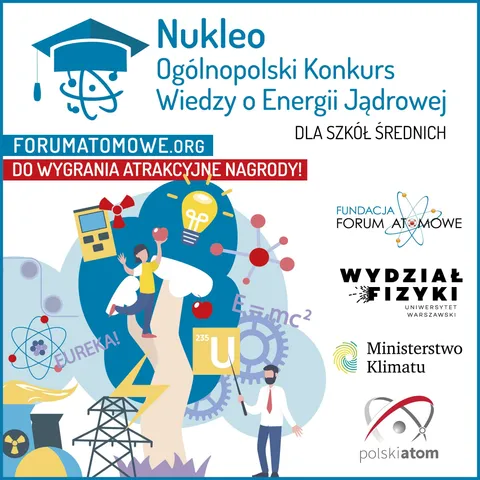 Plakat konkursu „Nukleo” dla szkół średnich z ilustracją naukowców i napisem „Do wygrania atrakcyjne nagrody!”