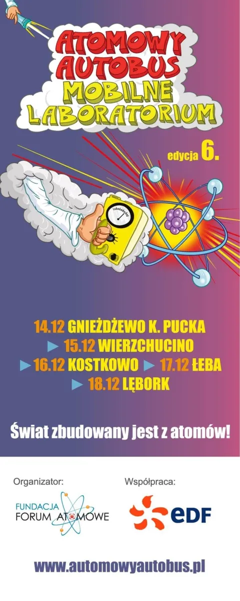 Plakat szóstej edycji z trasą: 14.12 Gnieżdżewo k. Pucka, 15.12 Wierzchucino, 16.12 Kostkowo, 17.12 Łeba, 18.12 Lębork; hasło „Świat zbudowany jest z atomów!”