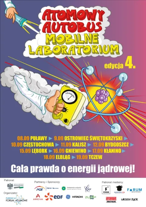 Plakat 4. edycji: komiksowy napis „Atomowy Autobus – Mobilne Laboratorium”, profesor z licznikiem Geigera, trasa od 8.09 Puławy do 19.09 Tczew i hasło „Cała prawda o energii jądrowej!”