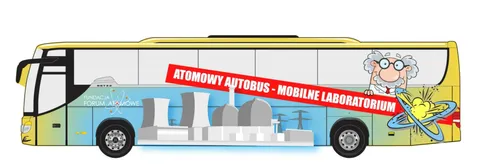 Projekt oklejenia żółtego autobusu: rysunek profesora, chłodnie elektrowni i czerwony pas z napisem „Atomowy Autobus – Mobilne Laboratorium”