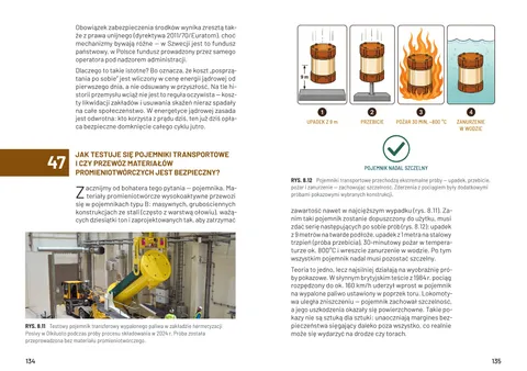 Rozkładówka z działu VIII: pytanie 47 o pojemniki transportowe ze zdjęciem testowego pojemnika w Olkiluoto i infografiką prób – upadku, przebicia, pożaru i zanurzenia