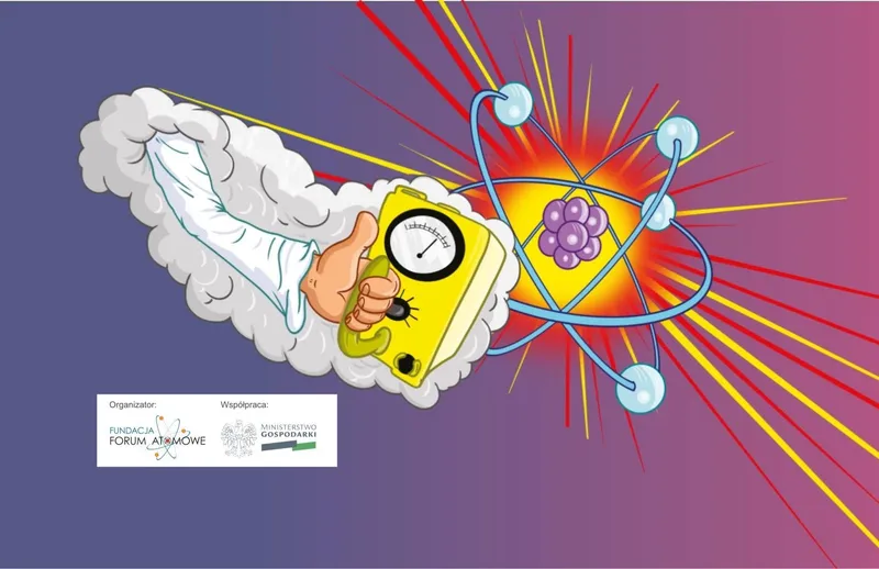 Grafika piątej edycji Atomowego Autobusu: dłoń w rękawicy trzyma miernik promieniowania, obok model atomu