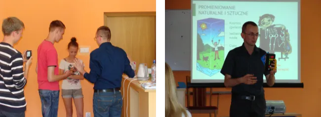 Dwa zdjęcia: osoba pokazuje uczniom miernik promieniowania oraz osoba z miernikiem przed slajdem „Promieniowanie naturalne i sztuczne”