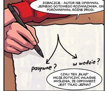Ręka z długopisem rysuje na kartce rozgałęzione strzałki z dopiskami „pasywne?” i „w wodzie?”