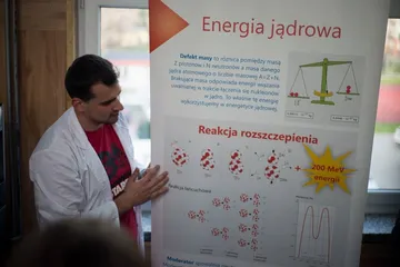 Osoba w białym fartuchu objaśnia planszę „Energia jądrowa” o reakcji rozszczepienia